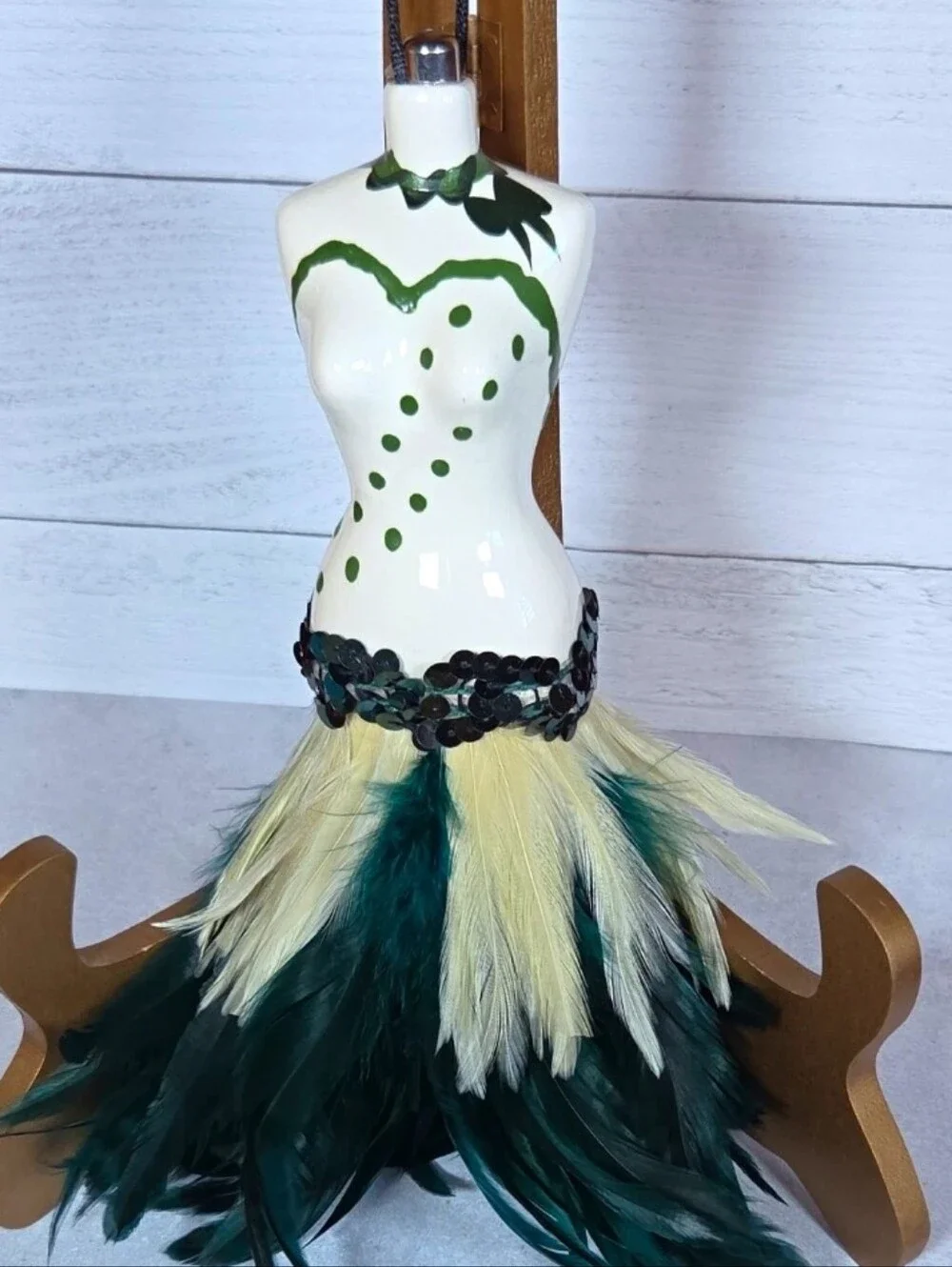 Feathered Hanging Dress Xmas Ornament Green & White Ceramic With Feather Skirt